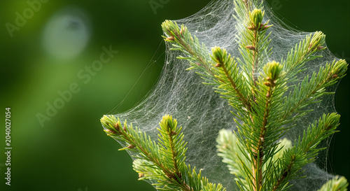 Spider web on a pine tree branch with green needles