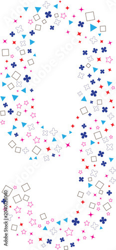 Number nine made of colorful hand drawn sketch shapes squares stars and crosses
