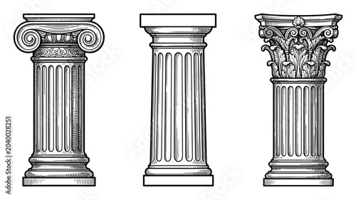 Εκτύπωση καμβά Three classical architectural columns: ionic, doric, and corinthian styles