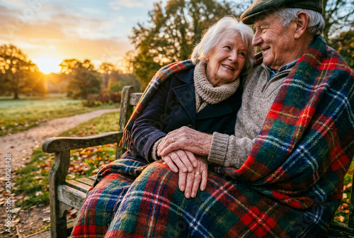 Loving Elderly Couple Sharing Intimate Moment on Park Bench at Sunrise