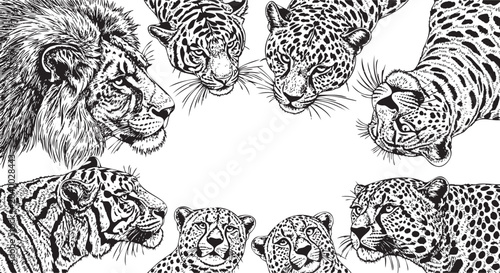 Photography Wild animal faces, big cats, leopard and lion heads, black and white vector illu