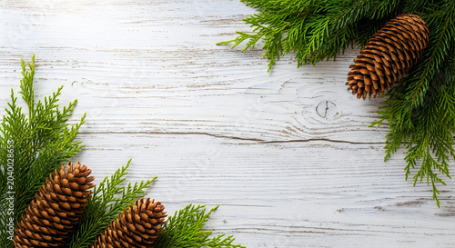 Rustic christmas border with pinecones and greenery on white wood