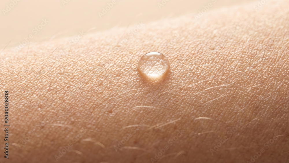 Fototapeta premium Macro close-up of a clear water droplet on hydrated human skin with detailed texture.