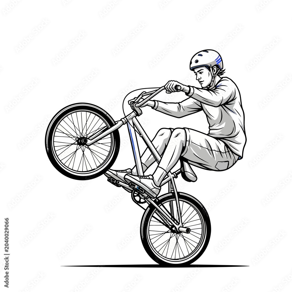 Naklejka premium Bicycle stunt rider performing wheelie, black and white illustration