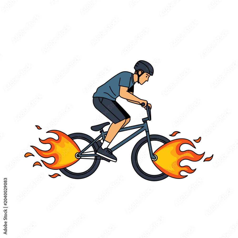 Naklejka premium Bicyclist on Flame Trail: Cartoon BMX Bike Rider Illustration