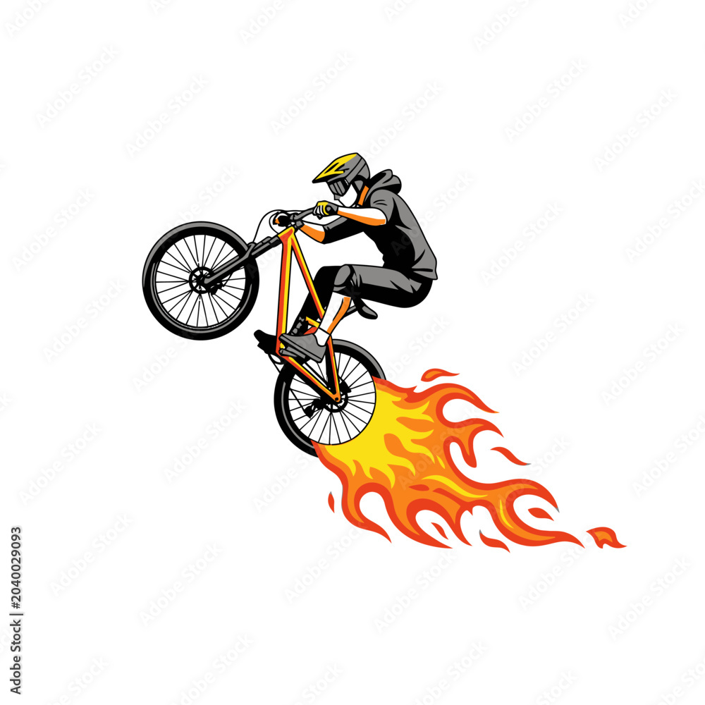 Fototapeta premium Bike rider doing a wheelie with fire, sport and action isolated