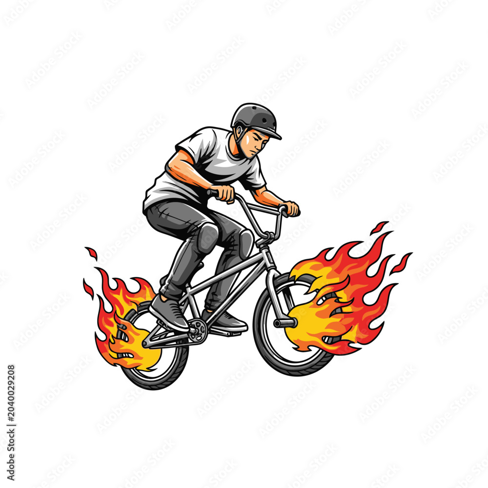 Naklejka premium BMX rider on fire, illustration of a cyclist with flames, isolated on white