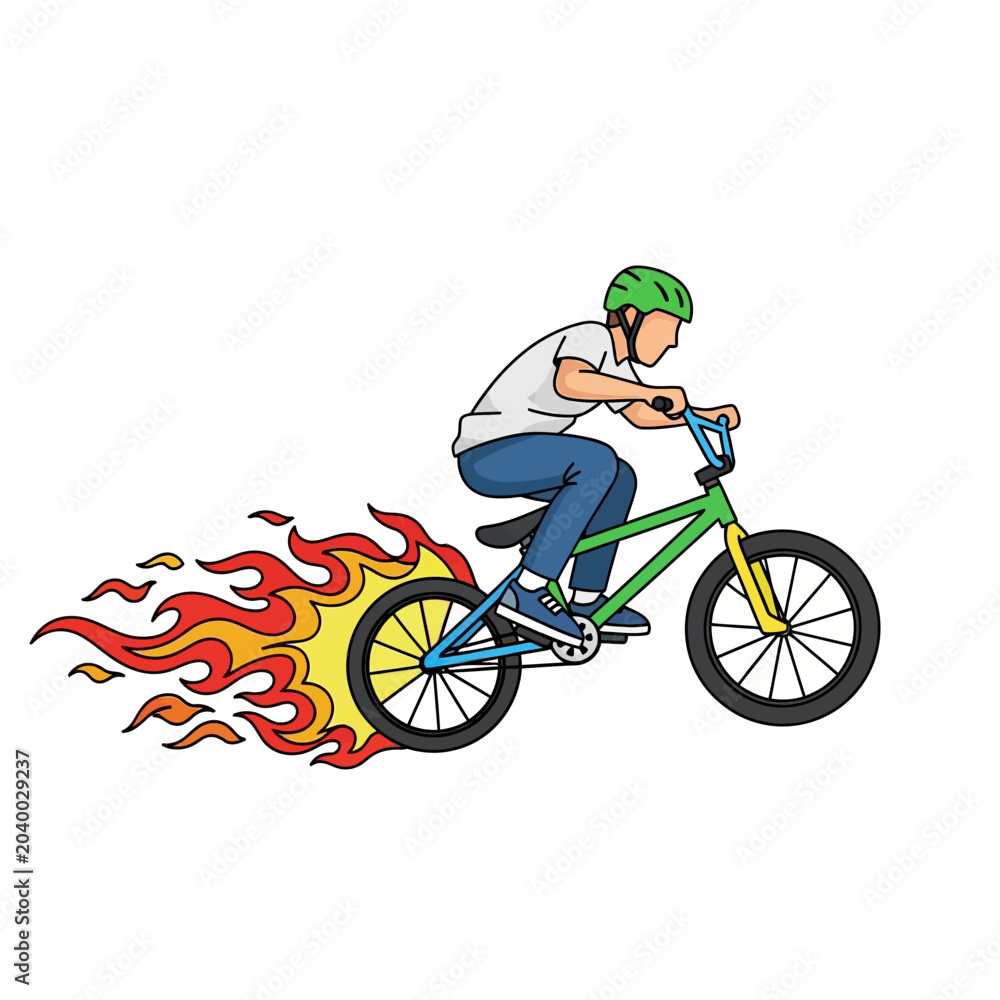 Naklejka premium bmx rider on fire, riding fast, illustration