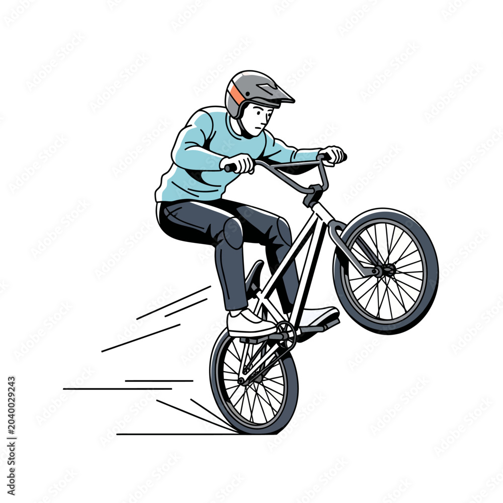 Naklejka premium Bmx rider performing a wheelie trick vector illustration on white background