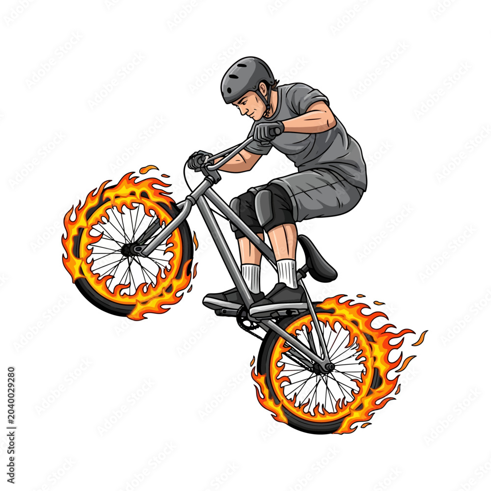 Naklejka premium bmx rider performing stunt with fiery wheels, vector illustration