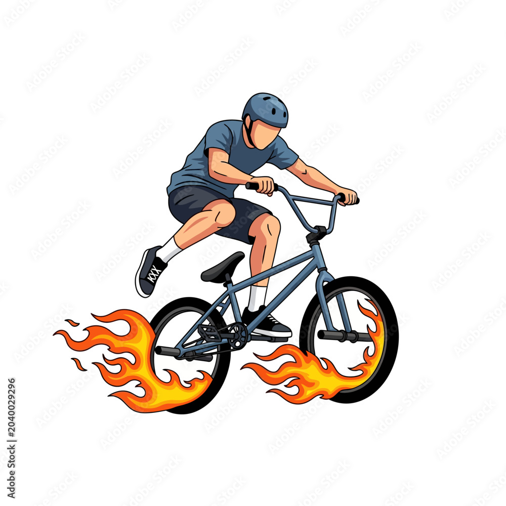 Naklejka premium BMX Rider Performing Stunt with Fire Effects - Isolated