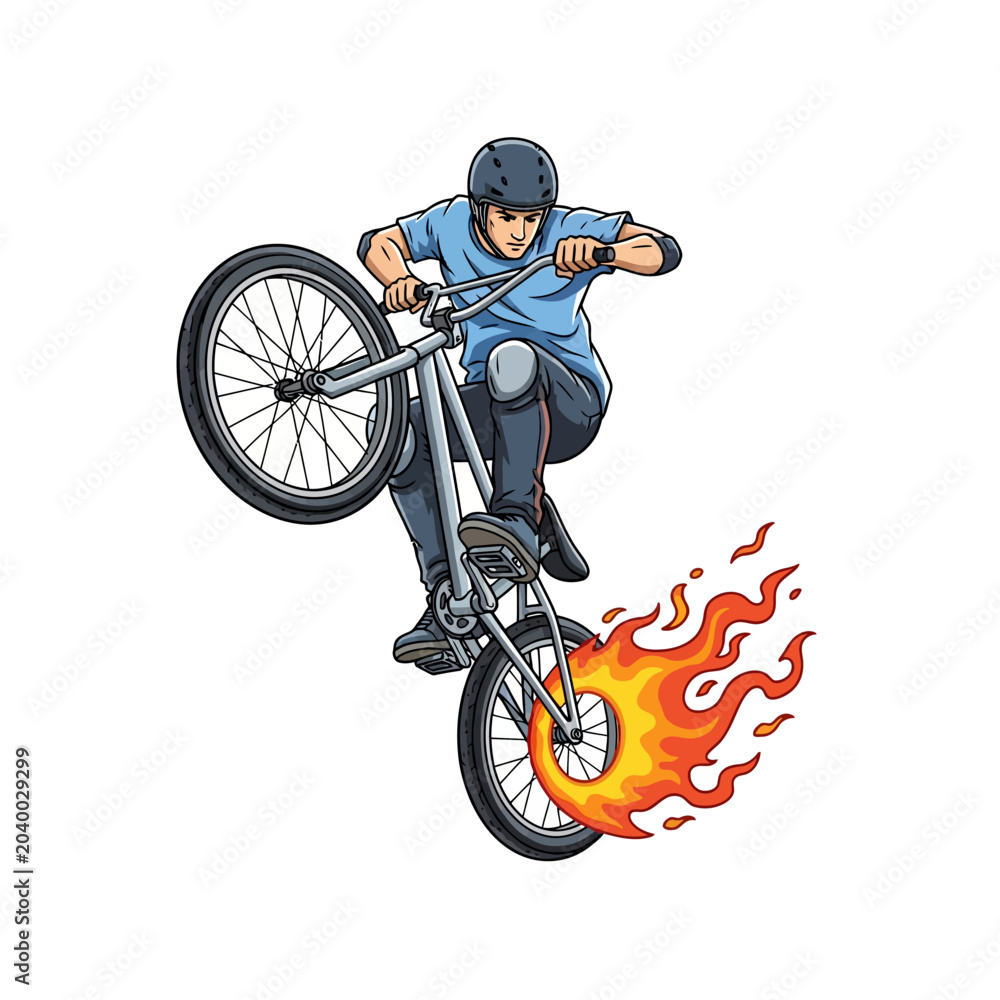 Naklejka premium bmx rider performing stunt with flame wheel illustration
