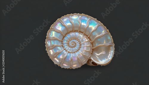  Nautilus shell cross-section showcasing a stunning iridescent mother-of-pearl interior, ultra-realistic marine specimen photography, perfectly sliced shell revealing intricate spiral chambers, lumino