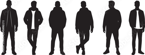Konstfotografi Set of black male silhouettes standing in outerwear jackets and hoodies isolated