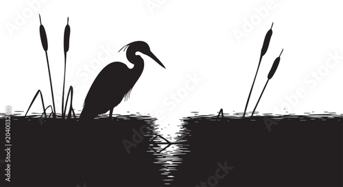 Foto Black silhouette heron, bird standing in water, cattail reeds, wildlife vector i