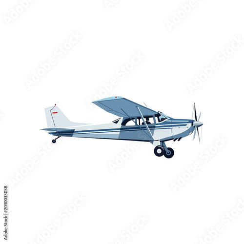 Illustration of a small airplane with blue and white stripes against white background.