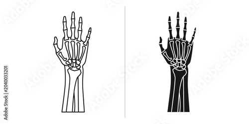 Tableau sur toile Human Hand Skeleton with Outline and Silhouette on White Background