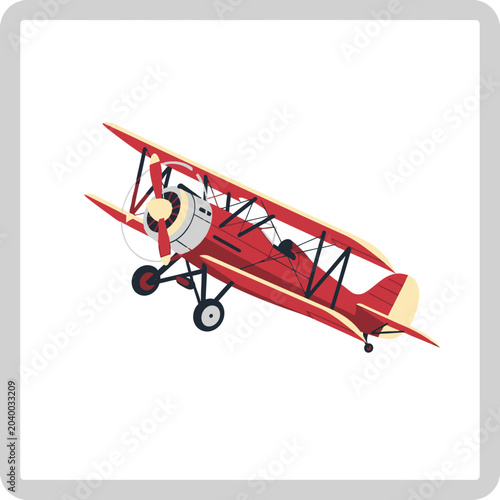 Vintage red biplane isolated on white background, retro aviation illustration