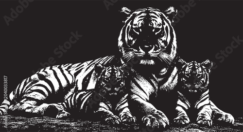 Bild auf Leinwand Black and white tiger illustration, mother tiger with cubs, wildlife vector art,