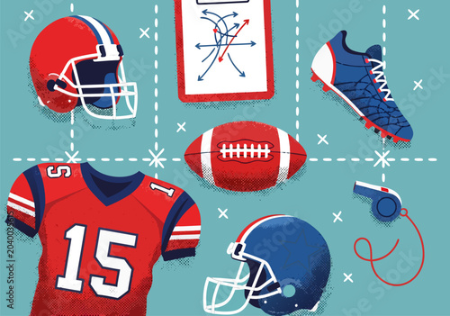 Dynamic vector illustration depicting a comprehensive assortment of American football gear like helmets, jersey, ball, and playbook, set on a gridiron, perfect for sports media