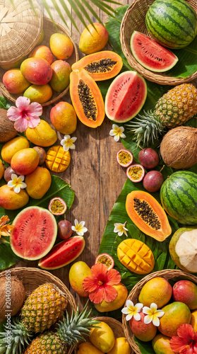 Flat lay aéreo de un mercado tropical de frutas en verano: mangos, papayas, piñas y cocos con gotas de agua sobre superficie de madera.