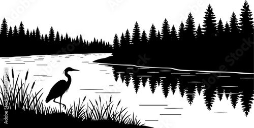 Heron silhouette in a pine forest river landscape