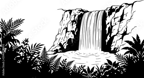 Tropical Waterfall and Jungle Plants Black and White Illustration