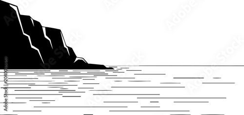 Minimalist Black and White Cliff by the Sea Illustration