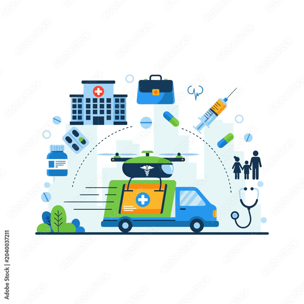 Fototapeta premium Medical Drone Delivery: Healthcare and Logistics Concept Illustration
