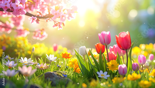 Vibrant spring meadow filled with colorful tulips and wildflowers, bathed in warm sunlight, blooming cherry blossoms above, cheerful atmosphere, nature's beauty