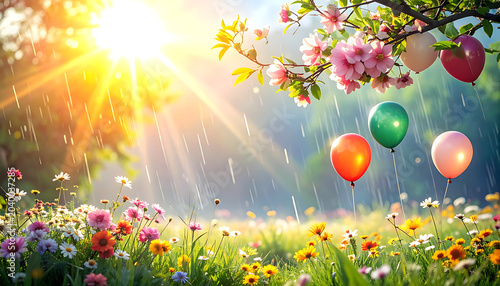 Vibrant spring meadow with blooming flowers, sunshine, and floating balloons, celebrating nature's renewal and joy