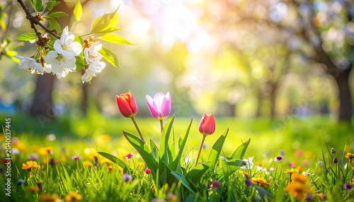 Vibrant spring meadow with blooming tulips and wildflowers, bathed in warm sunlight, evoking a sense of nature's renewal and joy.