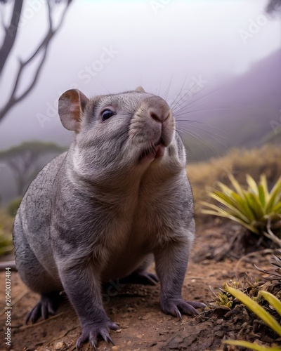 A purple toned northern hairy nosed wombat genetic hybrid experiment fantasy animal, fictional species  in an ashen fog plateau