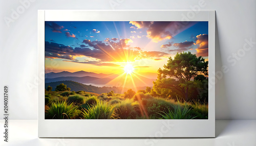 Vibrant sunrise over rolling hills, warm golden sunburst rays, dramatic clouds, lush green landscape, morning light, tranquil atmosphere