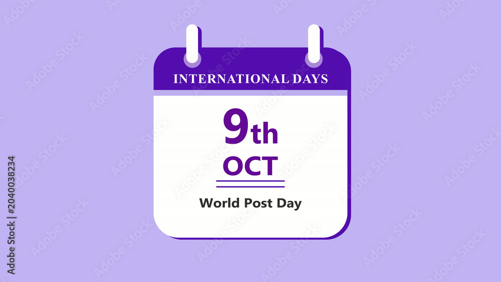 Fototapeta premium Postal service calendar interface showing 9th October World Post Day with clean minimal date layout and communication theme on purple background 4K black background visuals