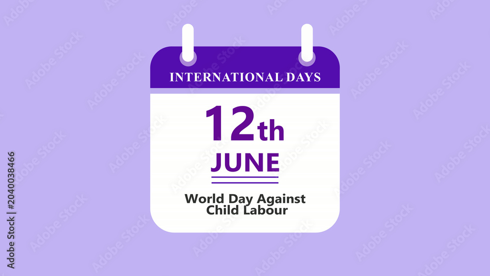 Fototapeta premium Child labor awareness calendar interface featuring 12th June World Day Against Child Labour with clean minimal date layout on purple background 4k animation video
