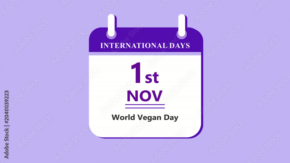 Fototapeta premium Vegan lifestyle calendar interface showing 1st November World Vegan Day with clean minimal date layout and food awareness design on purple background 4k animation video