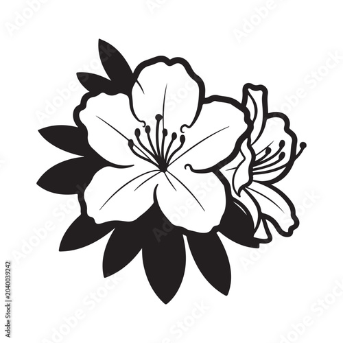 Black and white vector illustration of a blooming flower with leaves for minimalist botanical line art and floral silhouette design