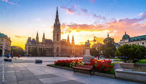 Vienna City Hall at sunset with dramatic sky and vibrant red flowers in the foreground, ideal for travel and European city concepts