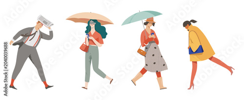 Bilde på lerret Set of people walking in rain with umbrellas vector illustration umbrella clothi