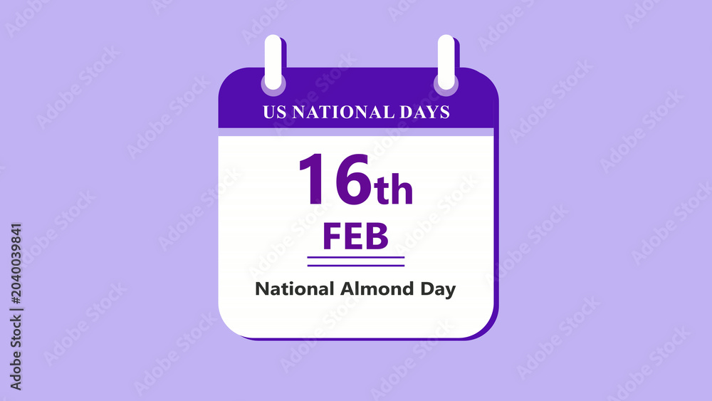 Fototapeta premium Healthy snack calendar interface featuring 16th February National Almond Day with clean minimal date layout and nutrition theme on purple background 4k animation video