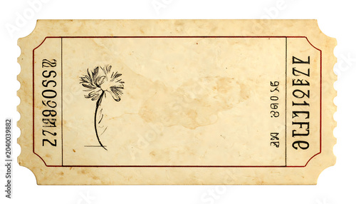 Vintage aged ticket with frayed edges and faded illustration, sepia toned, retro event admission pass