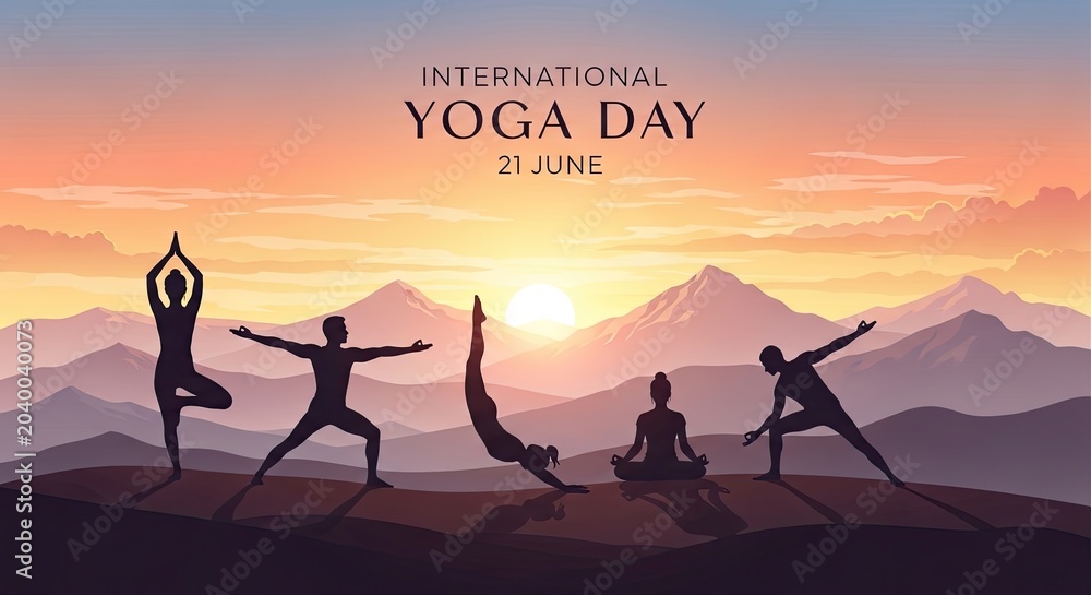 Fototapeta premium International yoga day celebration silhouette yoga poses at sunrise in mountain landscape