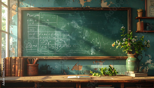 Vintage classroom blackboard with chalk diagrams and sunlight streaming through window, old books stacked beside a green vase with plant on wooden desk