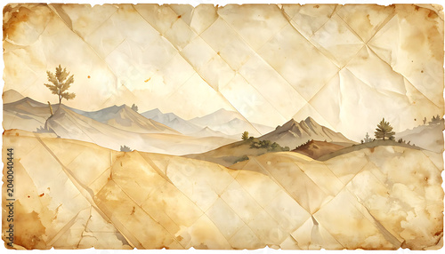Vintage landscape painting with distant mountains and trees, textured old paper overlay, soft atmospheric haze, pastoral scene