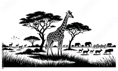 Canvas Print African savannah giraffe silhouette vector landscape with wildlife animals