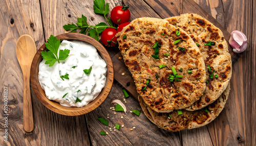 Warm, freshly baked flatbreads served with a creamy herb dip, garnished with parsley and garlic on a rustic wooden table