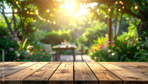 Warm golden hour sunlight illuminates a lush garden with a table set for dining, string lights glowing overhead, creating a magical atmosphere for outdoor events and celebrations