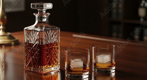 Crystal glass whiskey decanter and two glasses with ice cubes on a wooden bar counter in a dark luxury lounge setting
