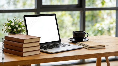 A laptop computer sits on a wooden desk with books and a cup of coffee in a room with large windows.